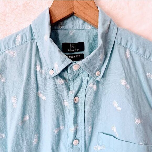 George Men's Casual Short Sleeve Light Blue Button Down Pineapple Accents Size S - Picture 3 of 8